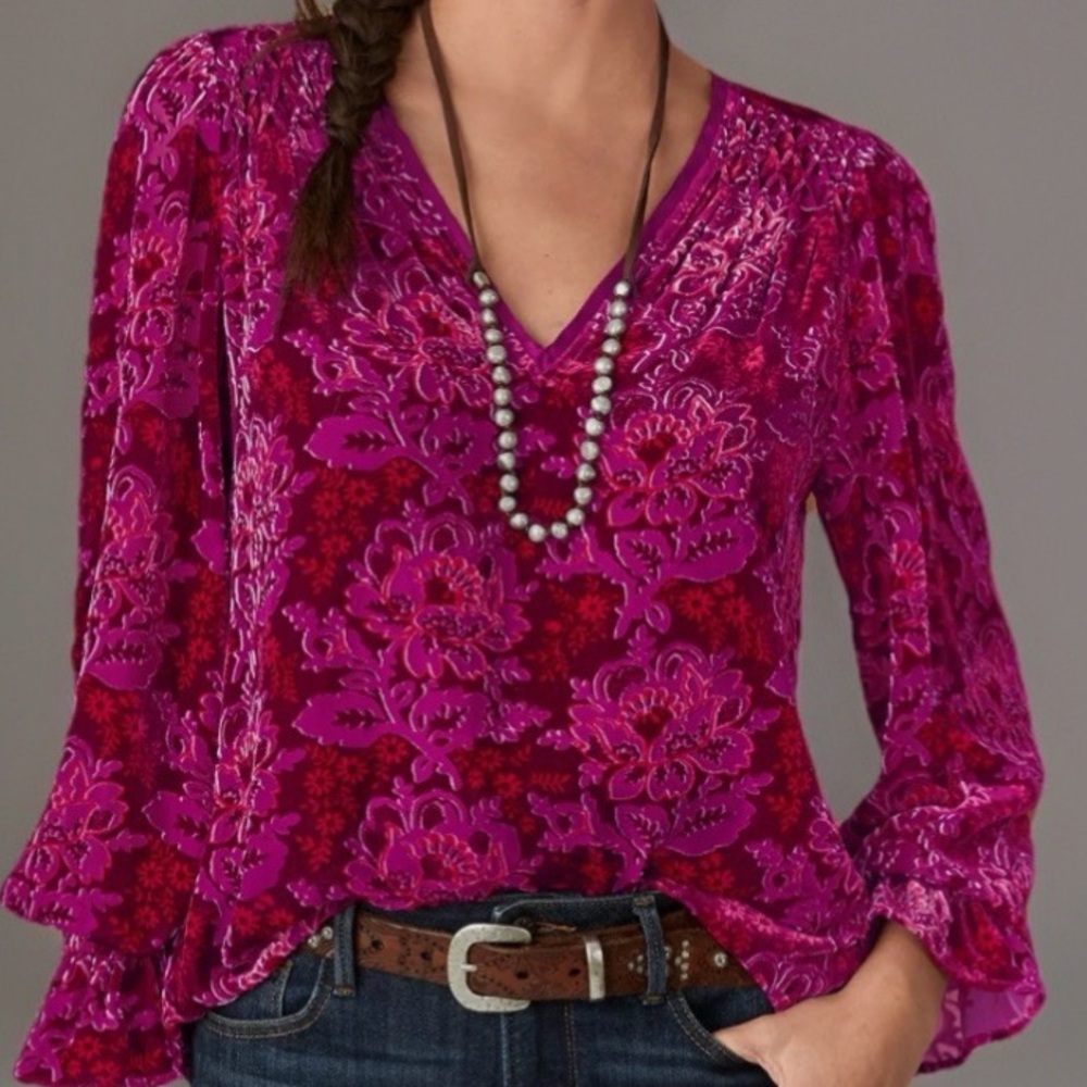 Sundance Floral Rosana Velvet Burnout Blouse in Pink and Red